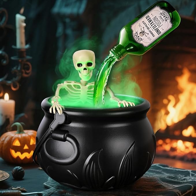 Halloween Cauldron Decor with Floating Potion Bottles & Diffuser – Spooky Party Table Decoration