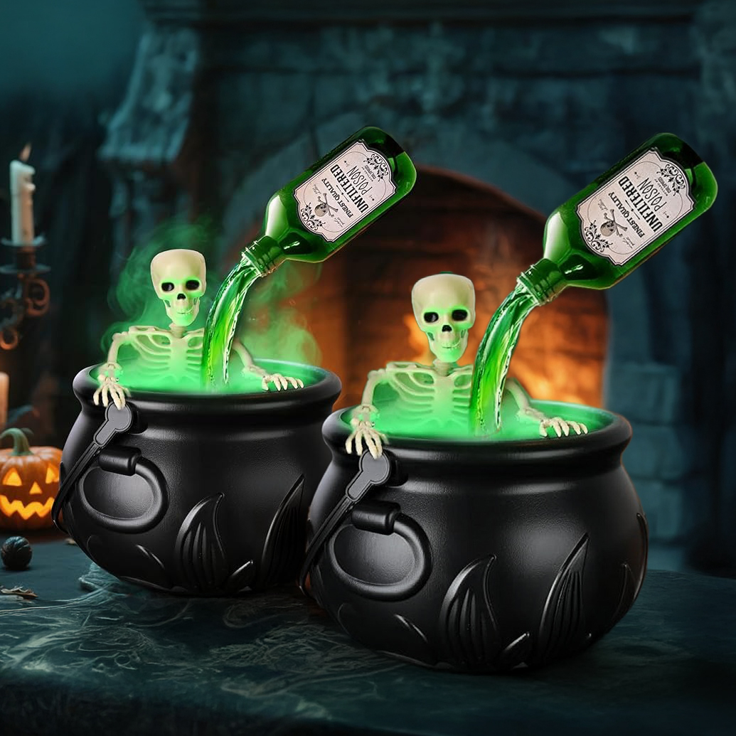 Halloween Cauldron Decor with Floating Potion Bottles & Diffuser – Spooky Party Table Decoration