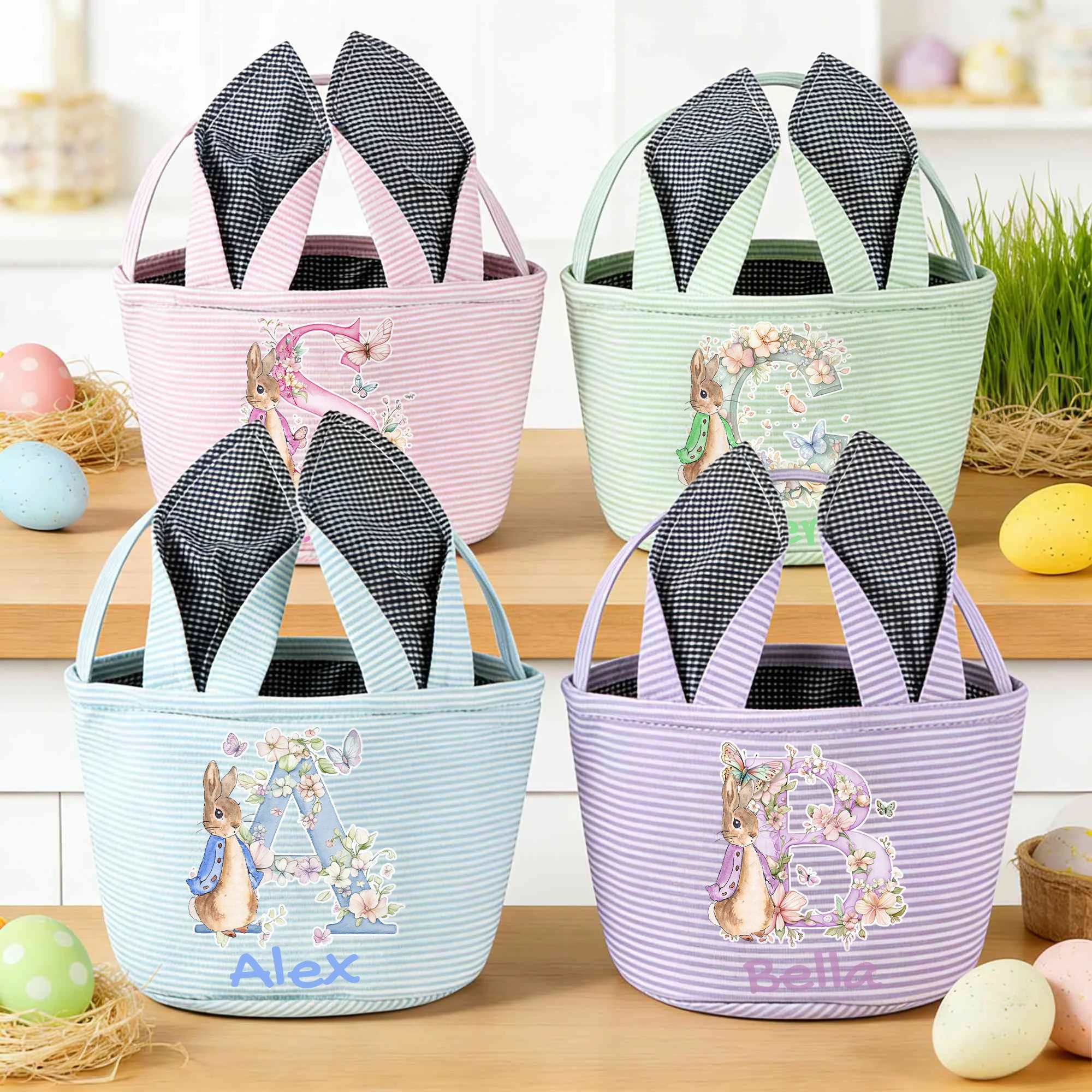Cute Peter Rabbit Flower Butterfly Bunny Ears Striped Easter Basket